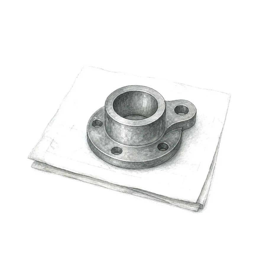 Illustrated prototype flange resting on a mechanical drawing.