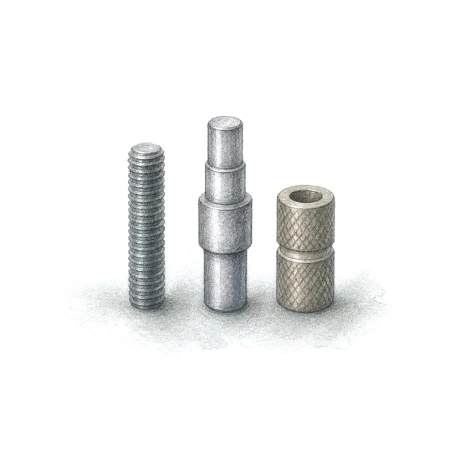 Illustrated threaded rod, stepped shaft and knurled bushing.