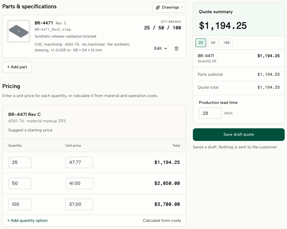 Complete QuoteSooner worksheet: part specifications at upper left, quantity-break pricing below, and quote summary alongside on the right.
